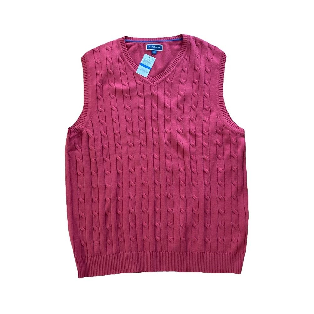 Club Room Cotton Sweater Vest Mens Sz XL New Red V-Neck Cable-Knit Pullover